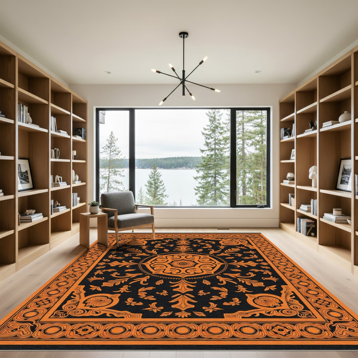Orange Black Medallion Floral Scroll Rug