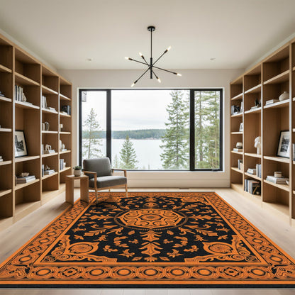 Orange Black Medallion Floral Scroll Rug