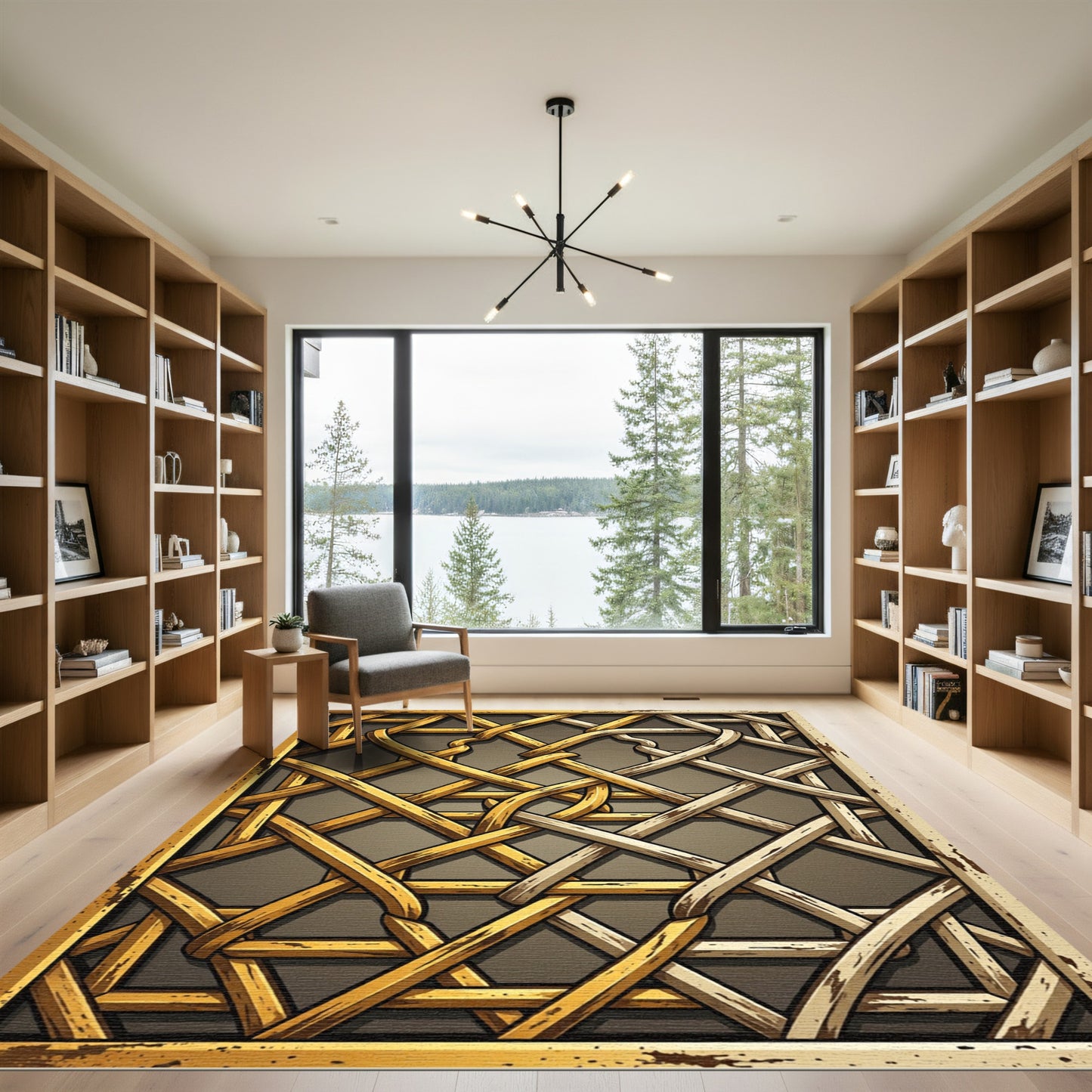 Golden Woven Interlace Geometric Rug