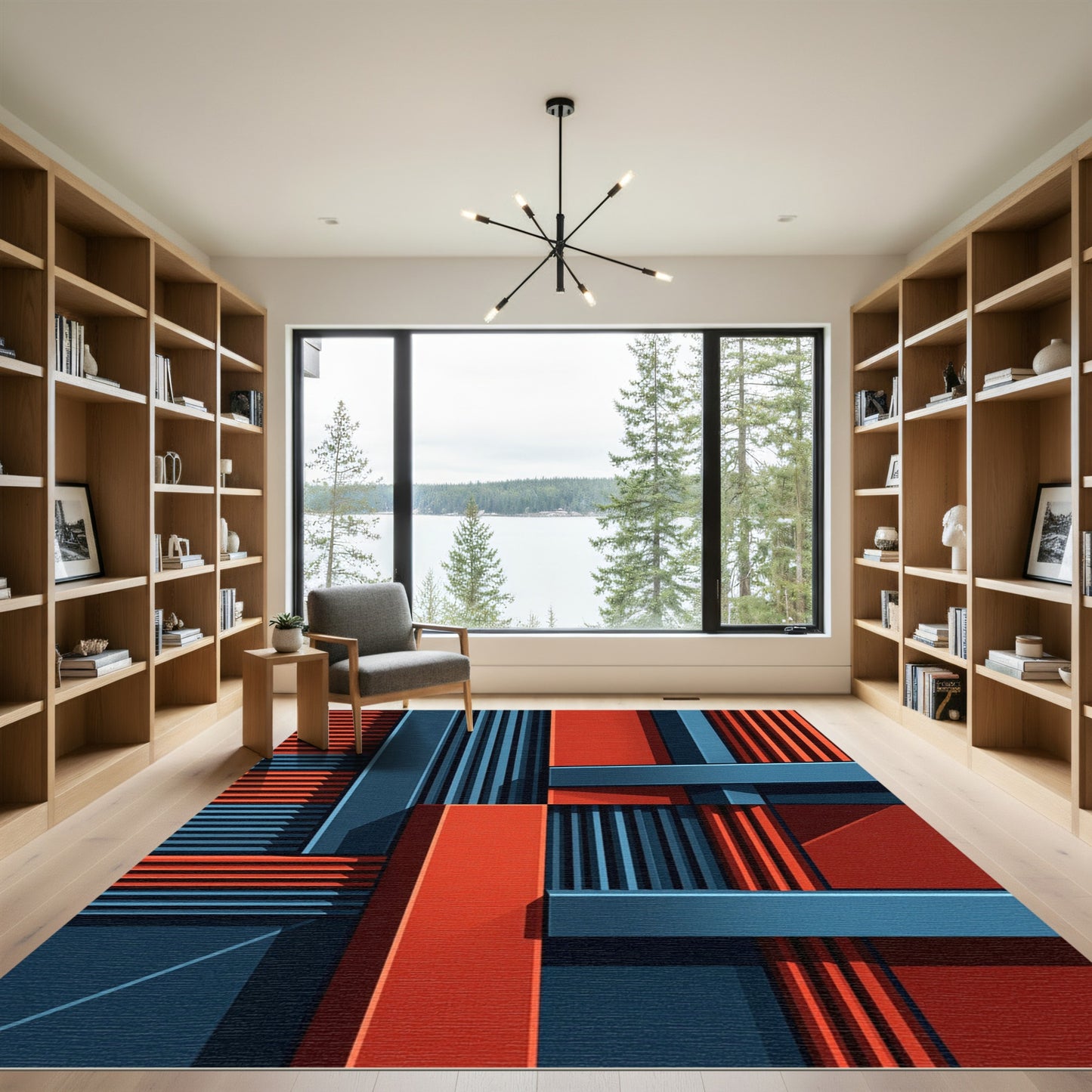 Bold Red Blue Geometric Structure Rug