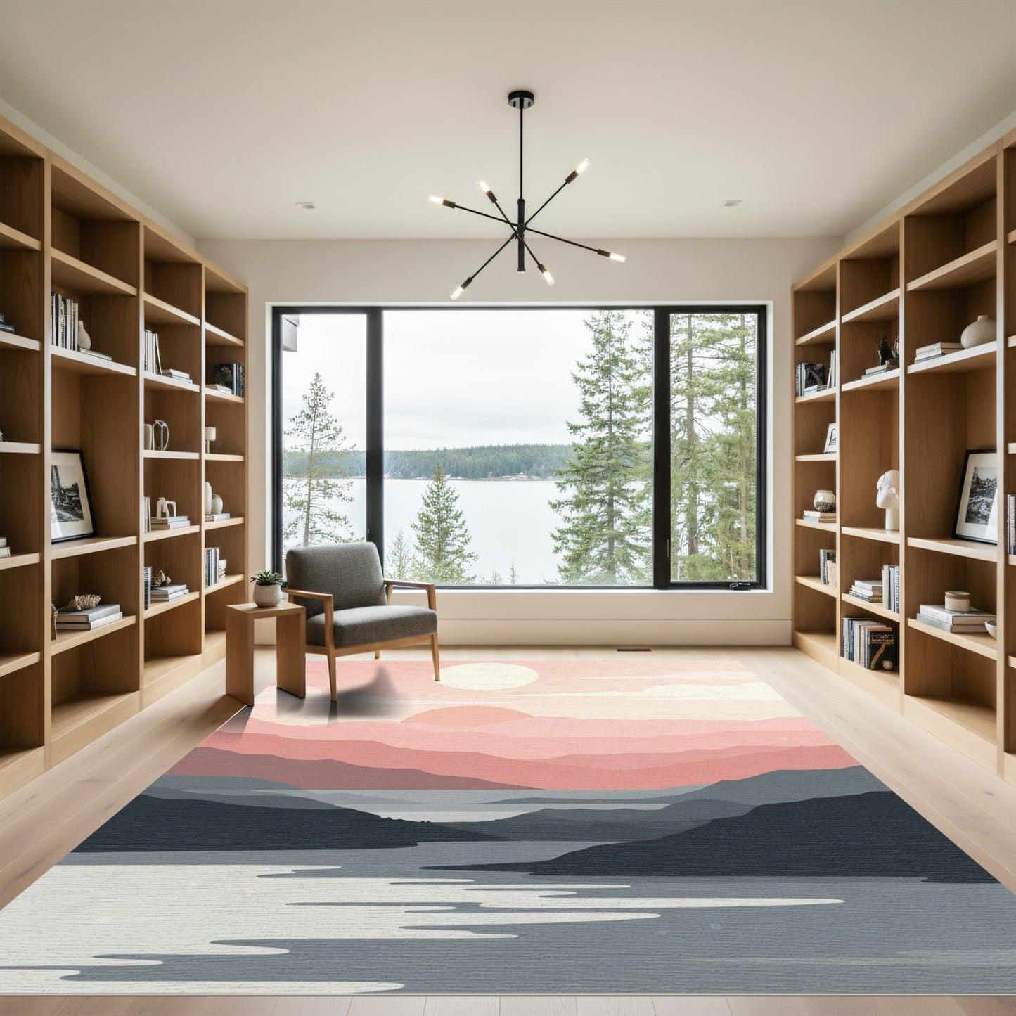 Soft Pink Mountain River Sunset Rug