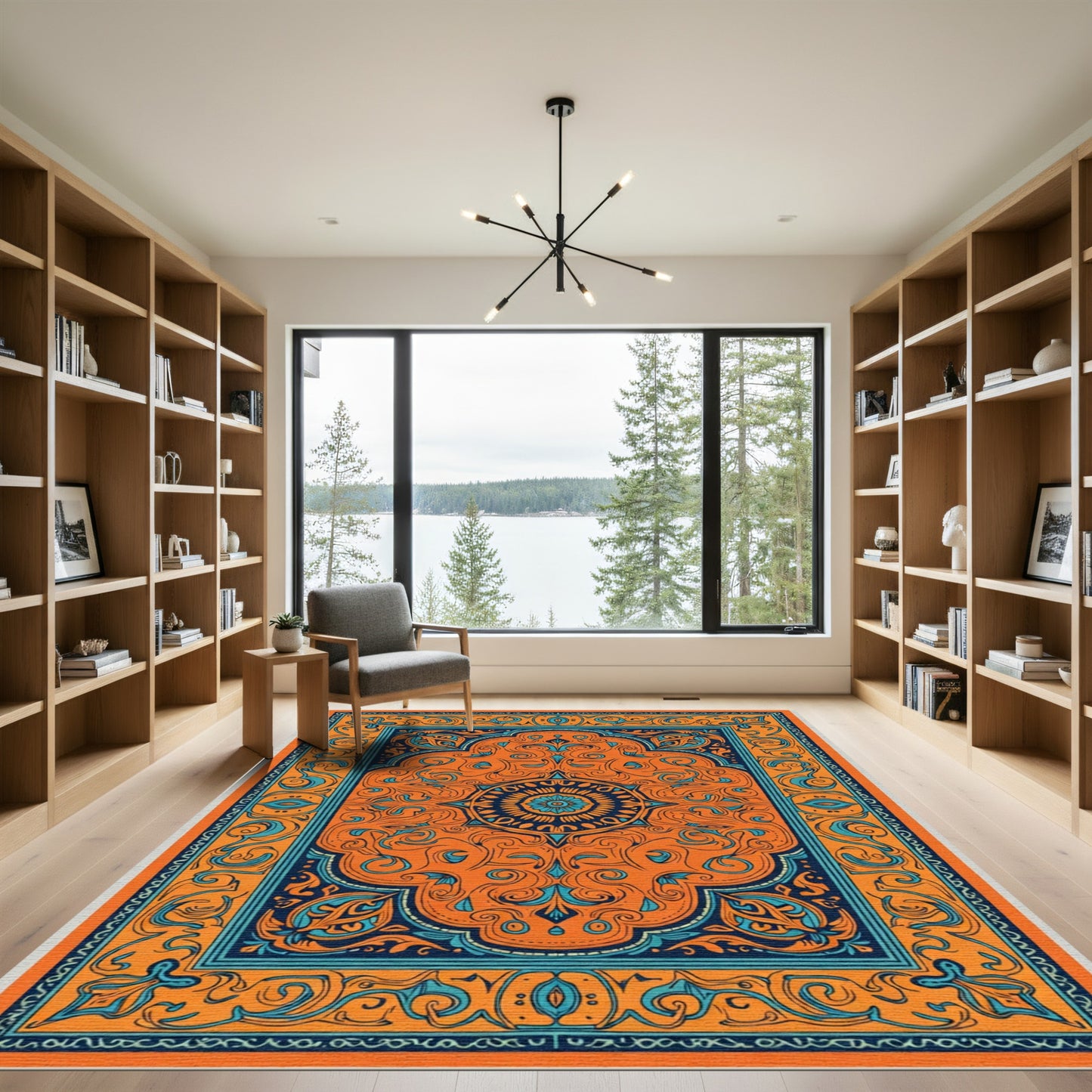 Bold Orange Teal Medallion Mandala Rug