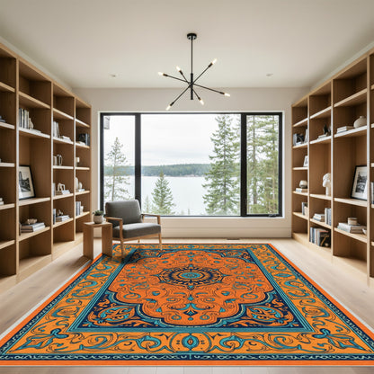 Bold Orange Teal Medallion Mandala Rug