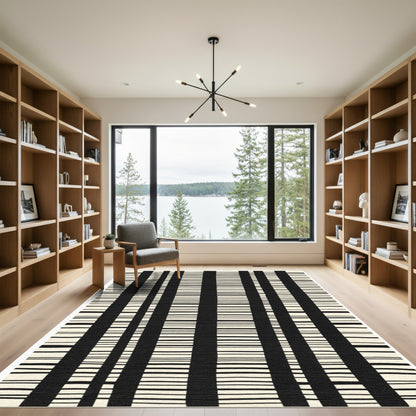 Black Cream Vertical Stripe Abstract Rug