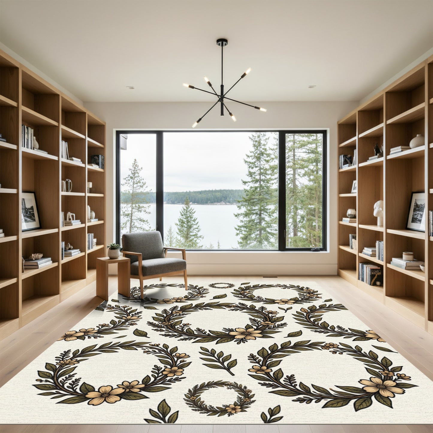 Ornate Olive Floral Wreath Arrangement Rug