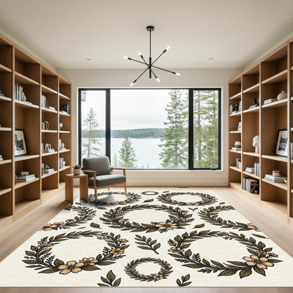 Ornate Olive Floral Wreath Arrangement Rug