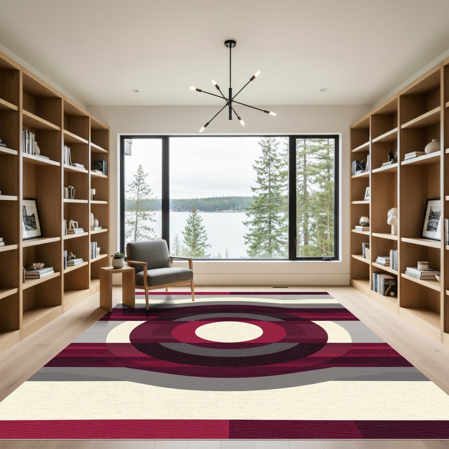Crimson Gray Concentric Circles Rug