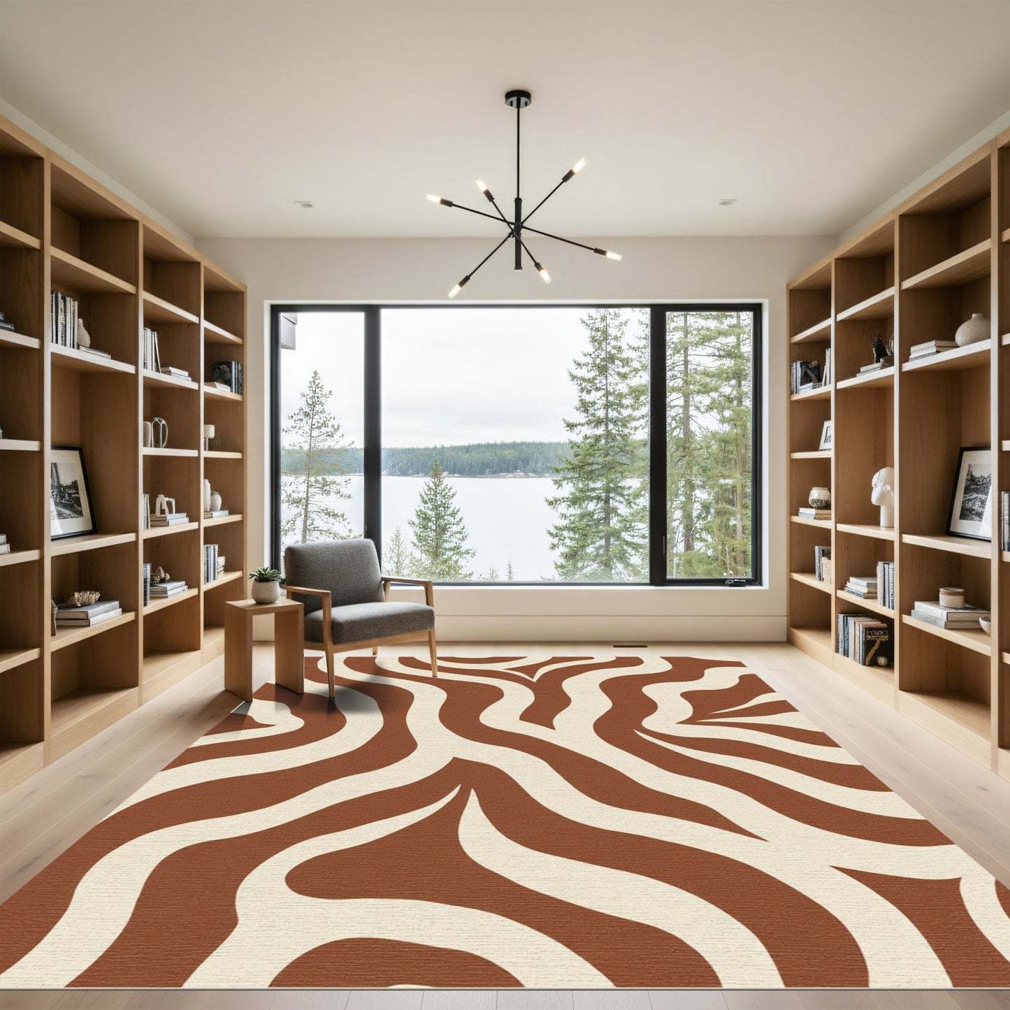 Rustic Brown Cream Abstract Swirl Rug