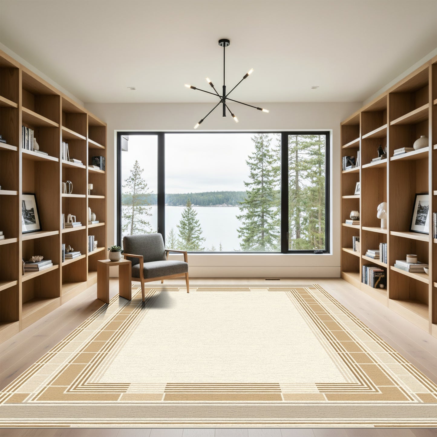 Neutral Tones Geometric Border Rug