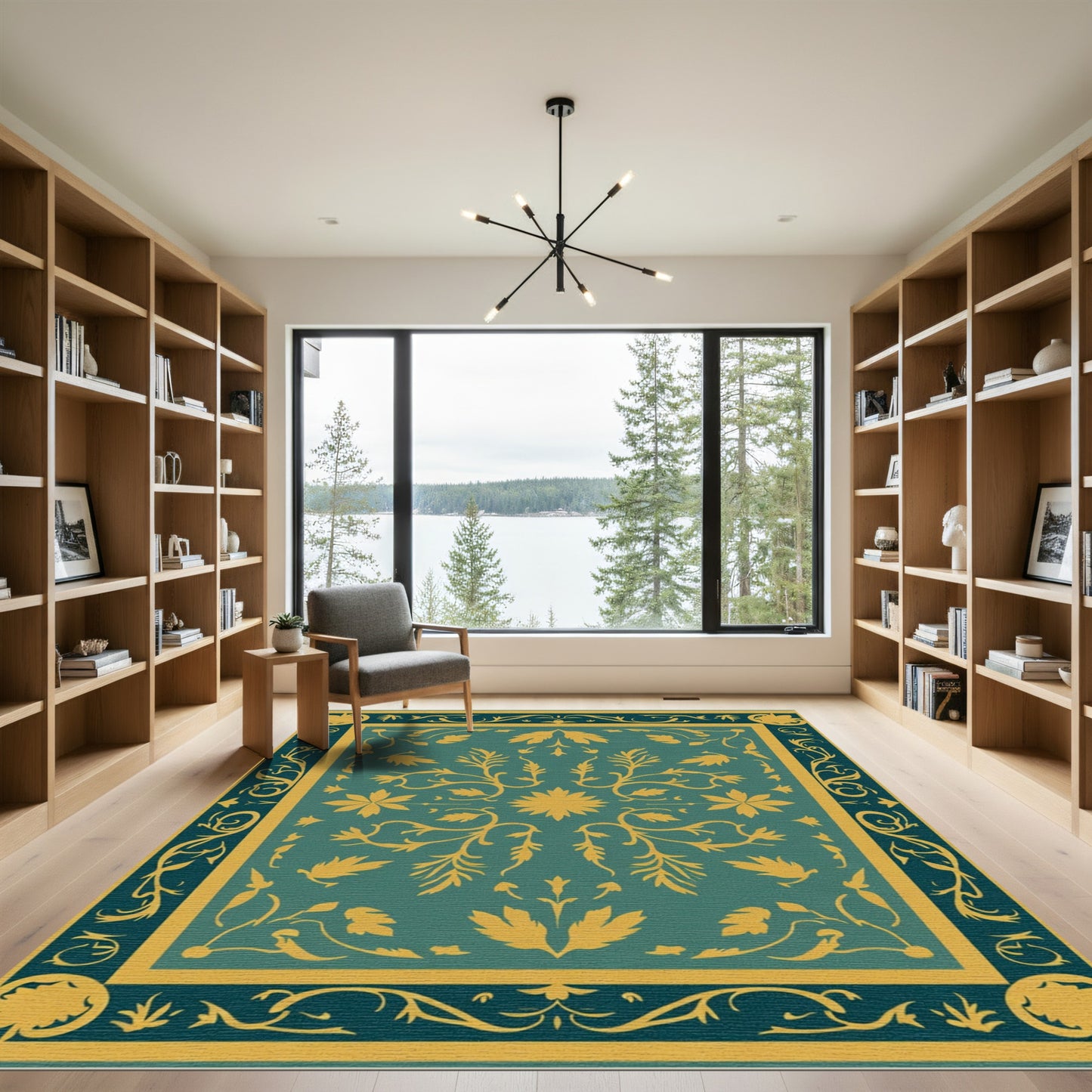 Teal Gold Floral Border Medallion Rug