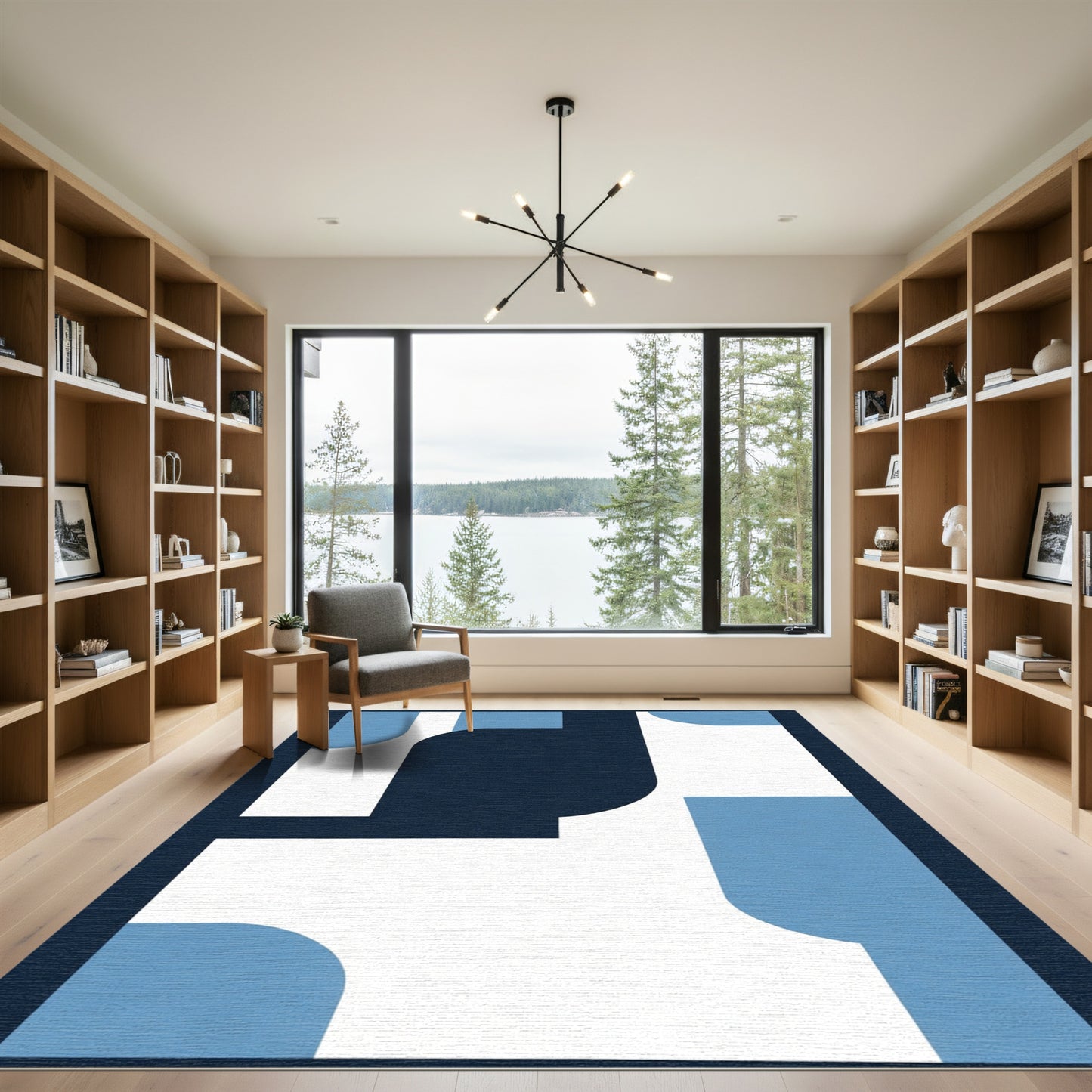 Deep Blue Abstract Curve Modern Rug