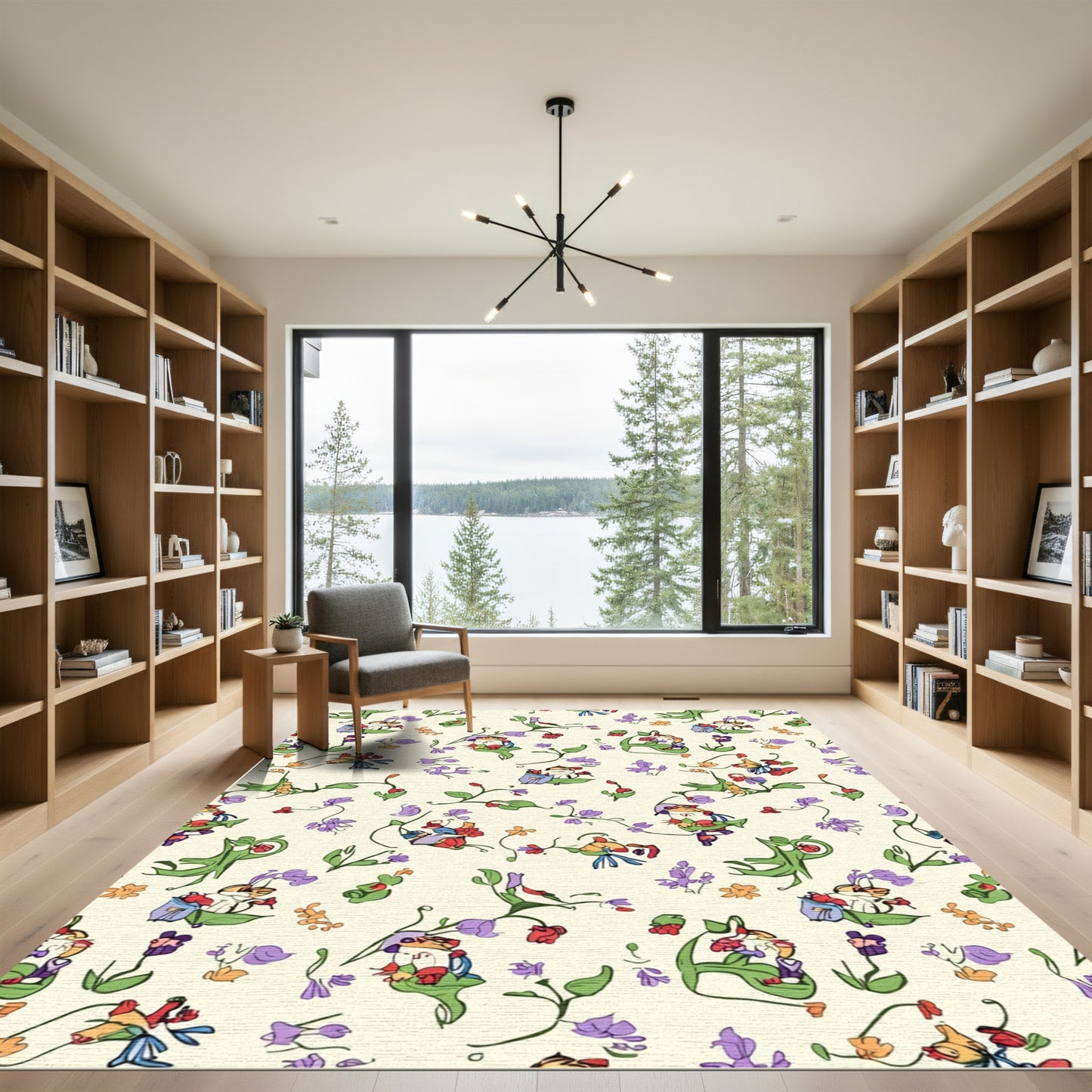 Whimsical Floral Scene Colorful Animals Rug