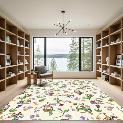 Whimsical Floral Scene Colorful Animals Rug