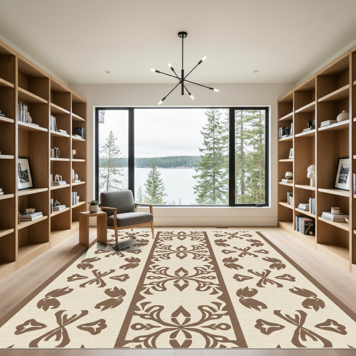 Brown Cream Vertical Stripe Floral Rug
