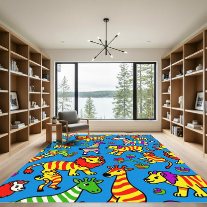 Vibrant Zoo Animals Colorful Stripes Rug