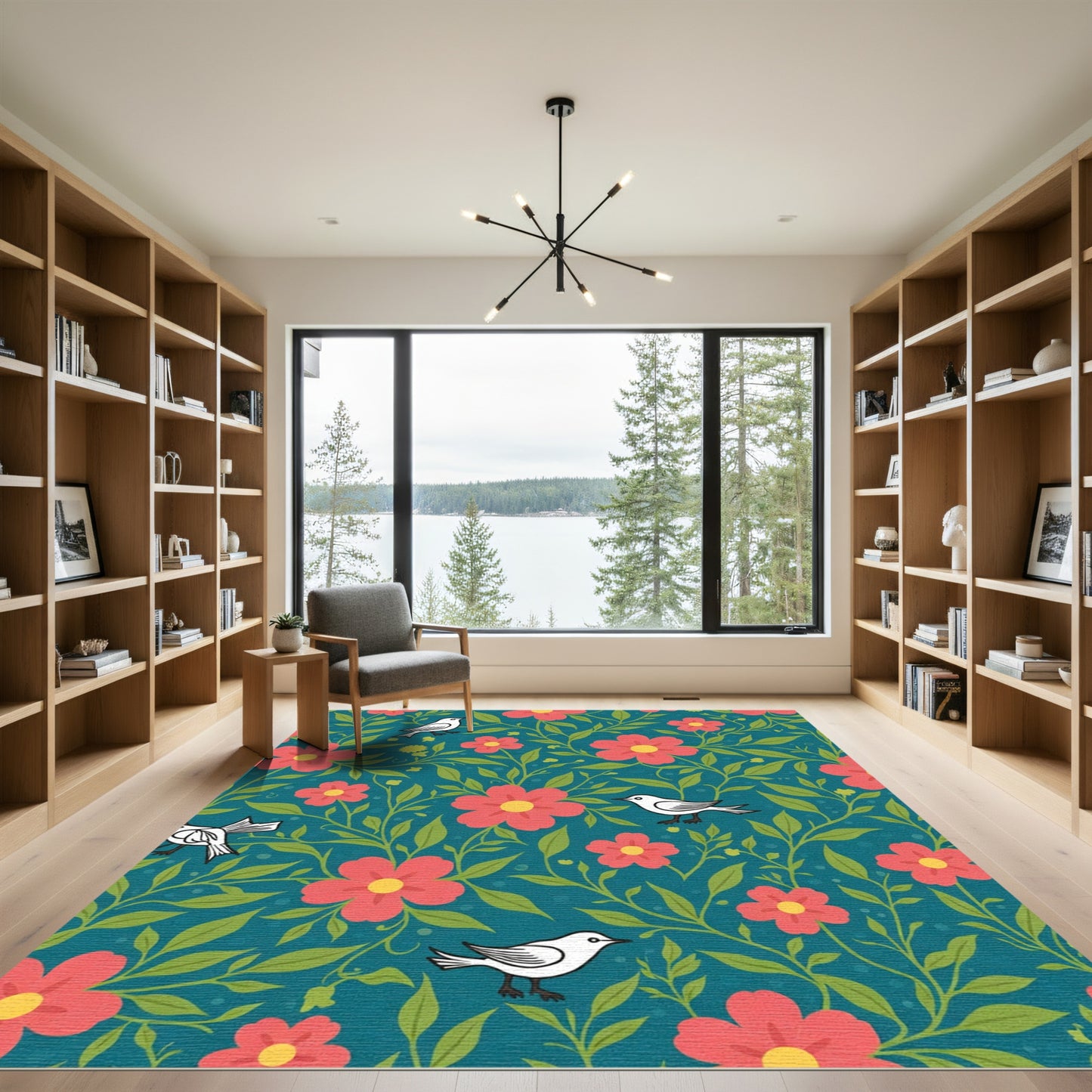 Coral Flowers With White Birds Rug