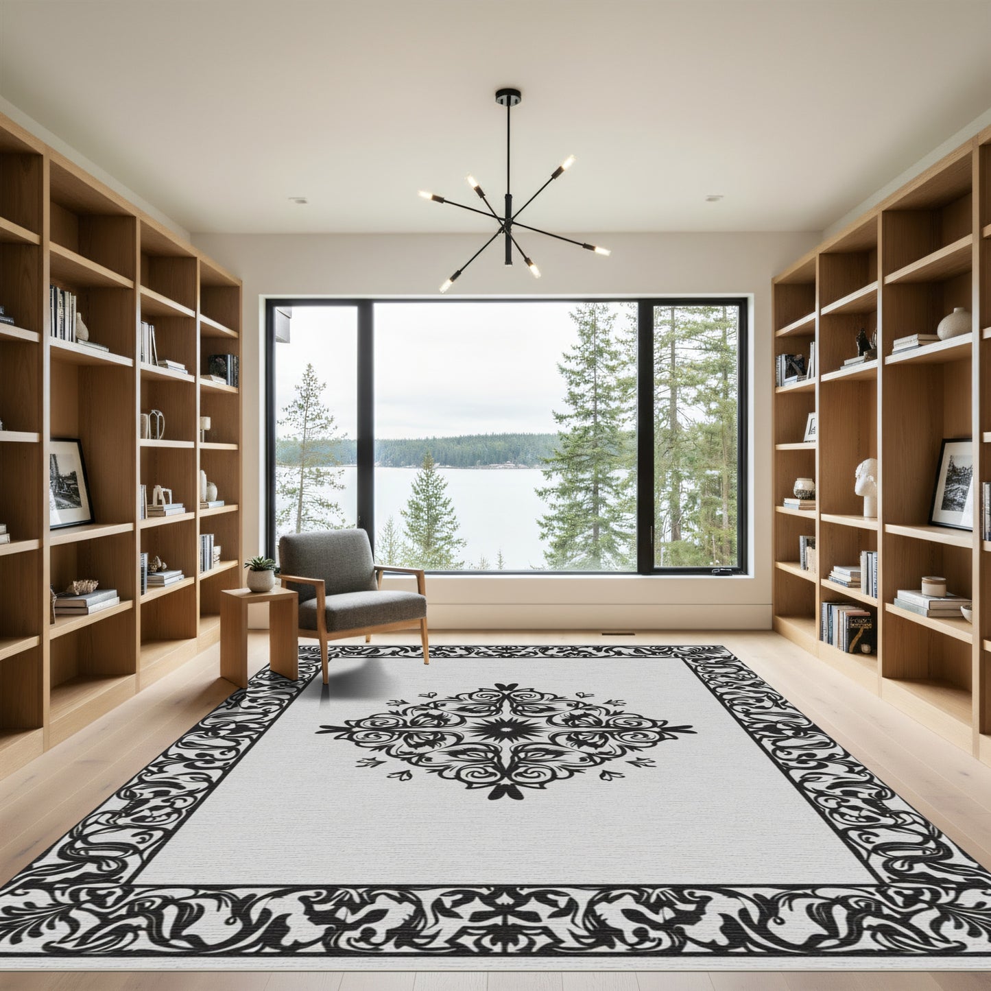 Black White Floral Scroll Medallion Rug