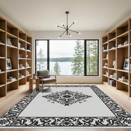 Black White Floral Scroll Medallion Rug