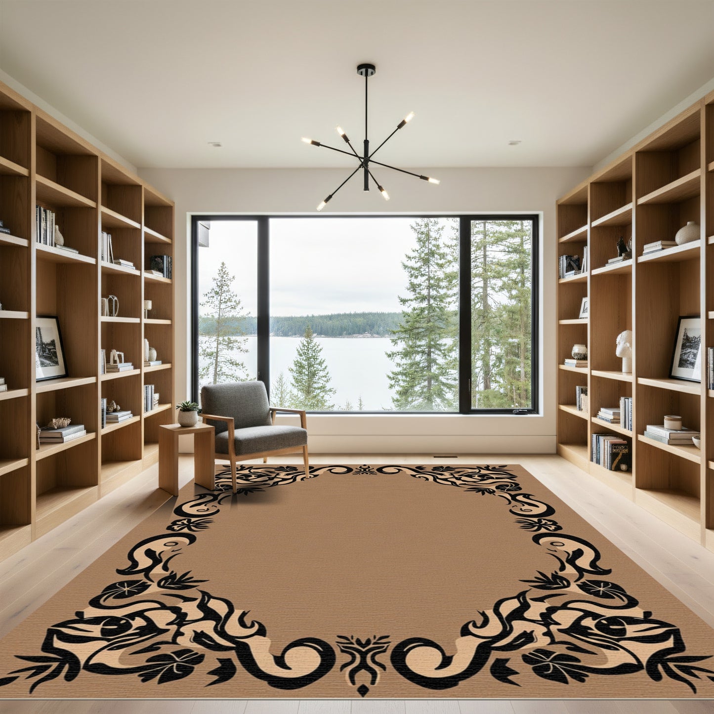 Dark Brown Floral Scrollwork Frame Rug