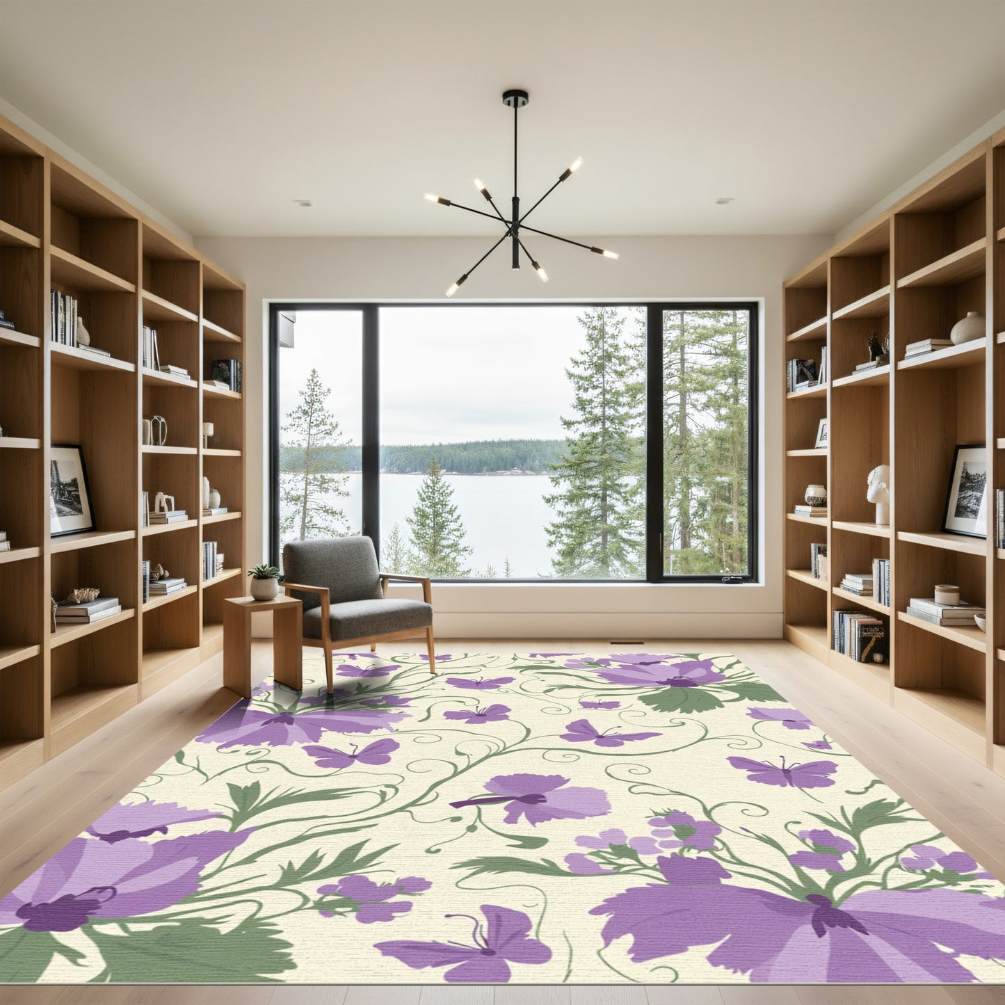 Purple Butterfly Floral Vine Composition Rug