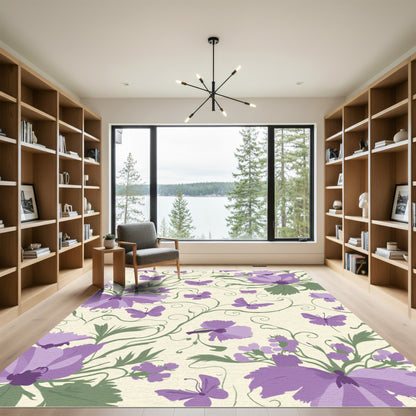 Purple Butterfly Floral Vine Composition Rug