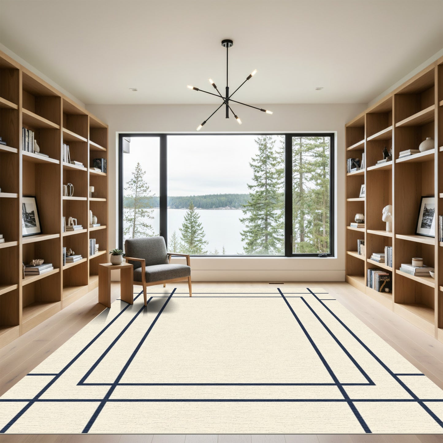 Cream and Navy Geometric Grid Rug