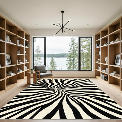 Black White Radial Stripe Swirl Rug