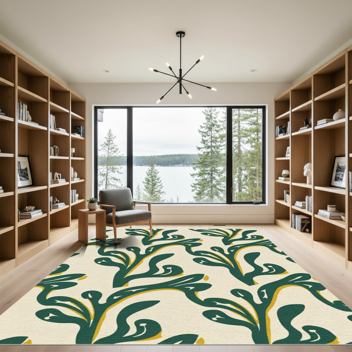 Abstract Green Yellow Leaf Flow Rug