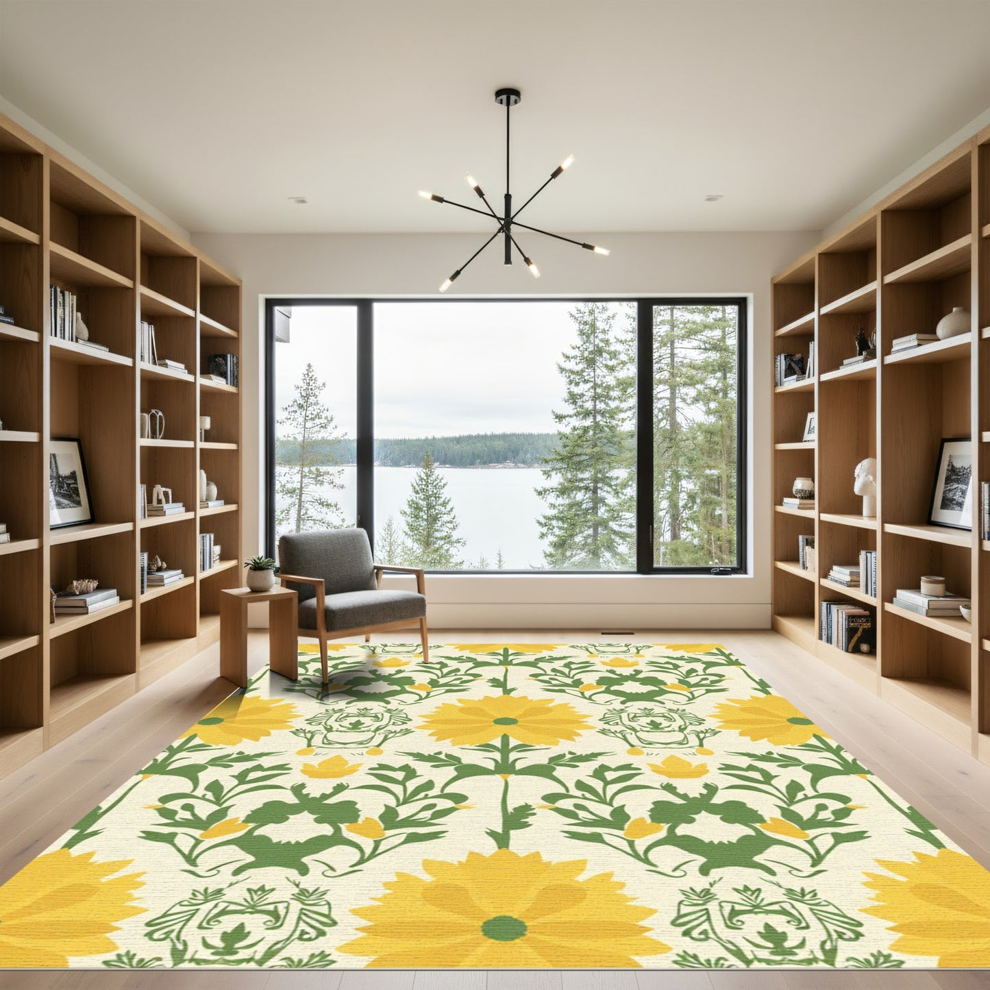 Yellow Daisy Green Damask Floral Rug