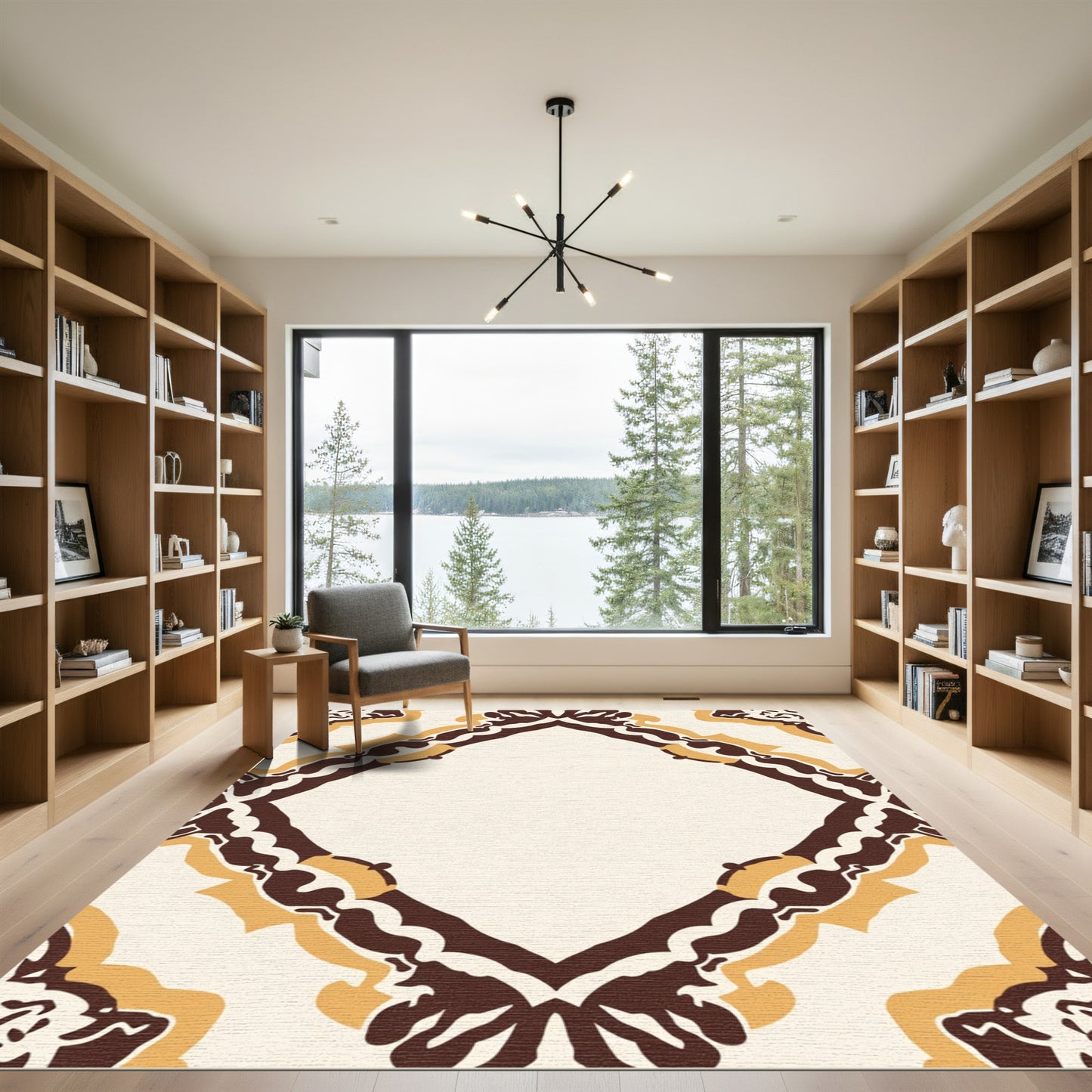 Brown Ochre Cream Symmetrical Frame Rug
