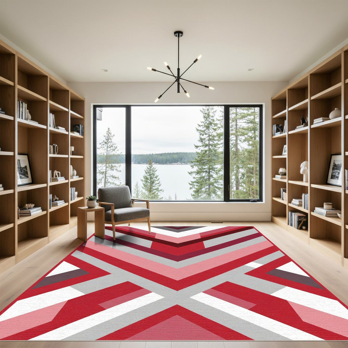 Modern Red Geometric Chevron Stripe Rug