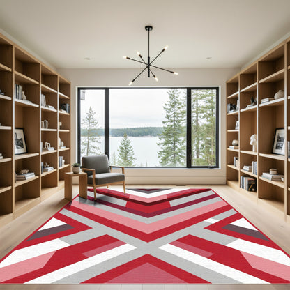 Modern Red Geometric Chevron Stripe Rug