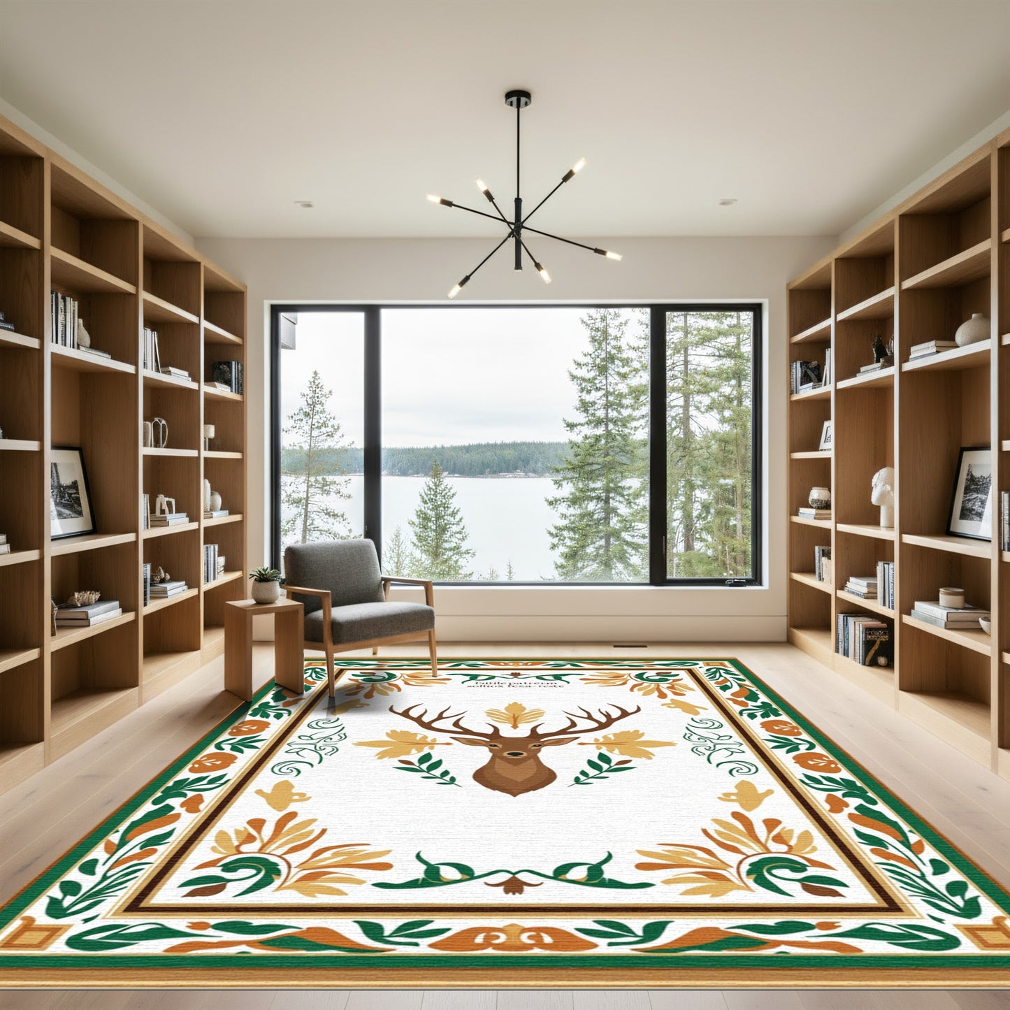 Brown Deer Floral Forest Border Rug