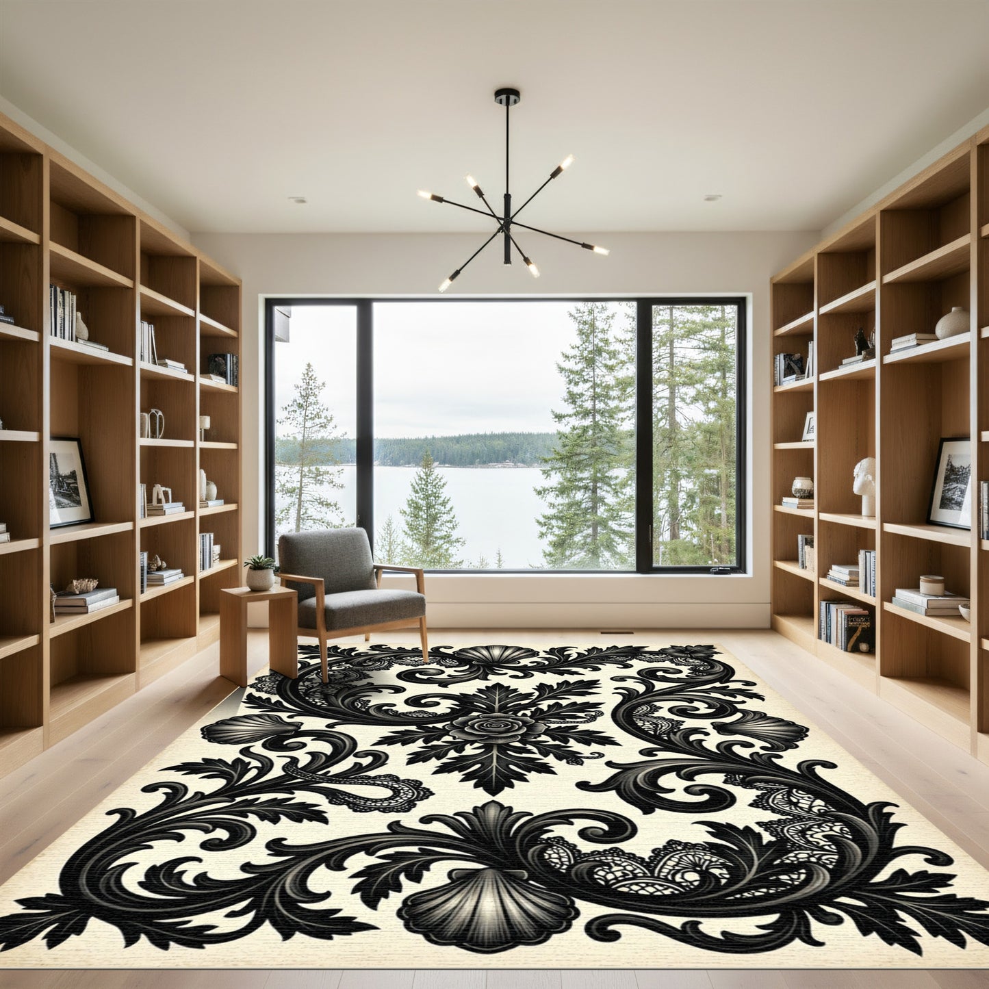 Black Ornate Floral Lace Shell Rug