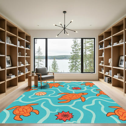 Orange Turtles Ocean Waves Rug