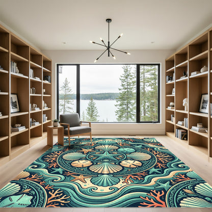 Teal Coral Starfish Shell Mandala Rug