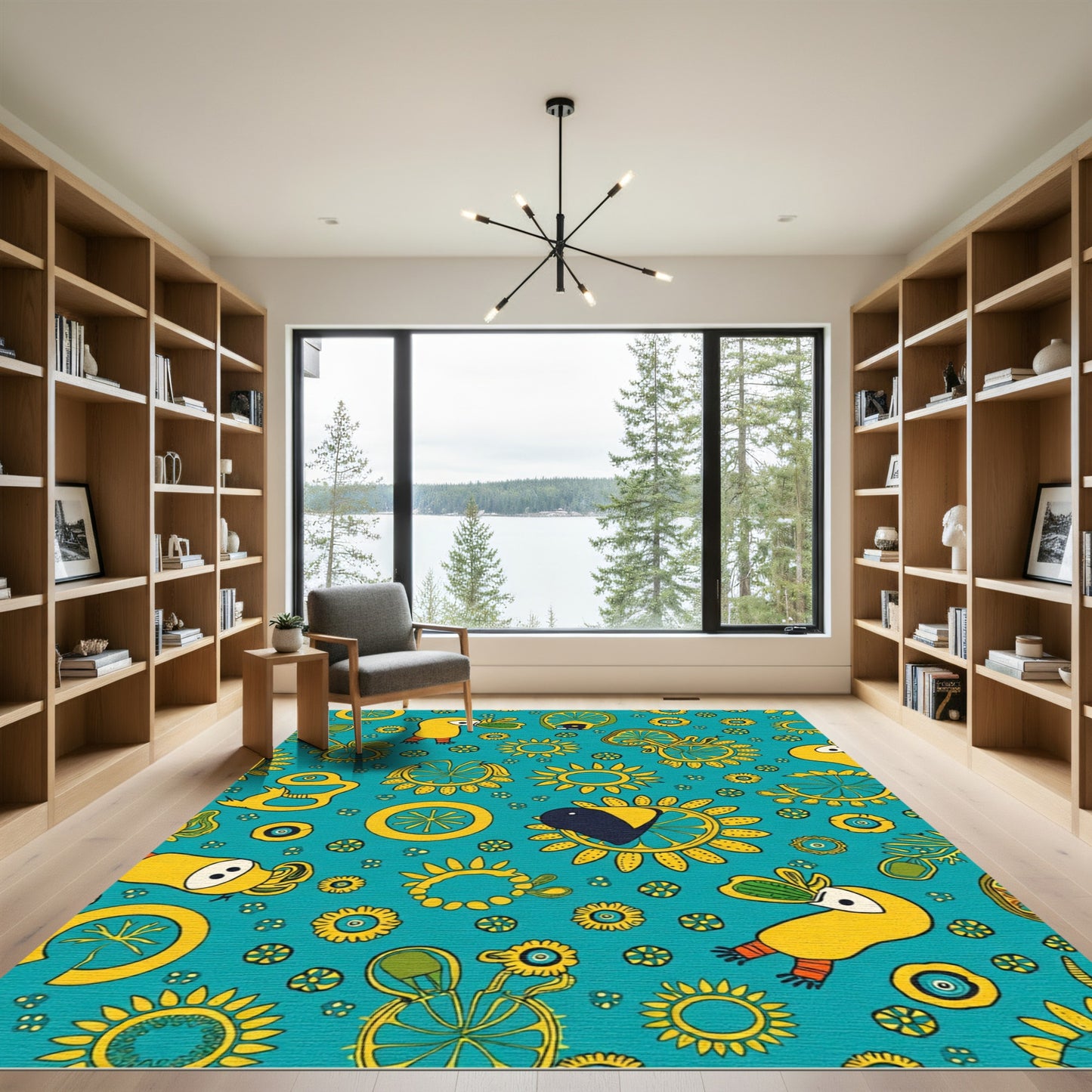 Whimsical Teal Yellow Bird Sun Rug