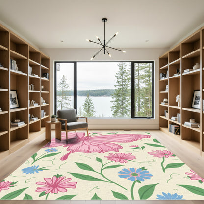 Pink Butterfly and Floral Garden Rug