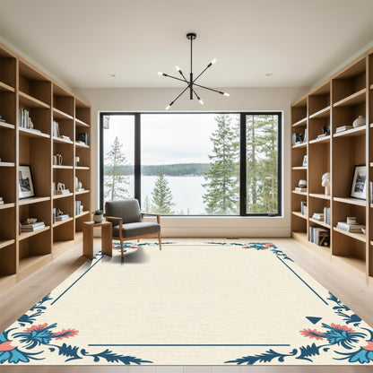 Cream Ivory Coral Floral Border Rug