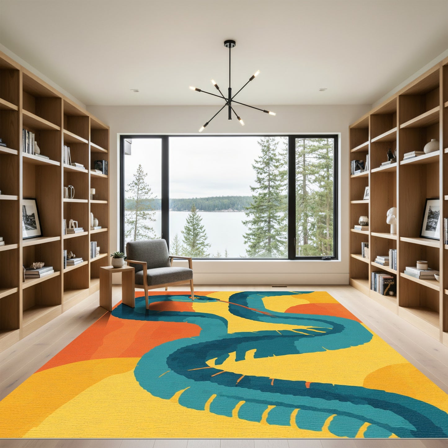 Teal Snake Orange Yellow Background Rug