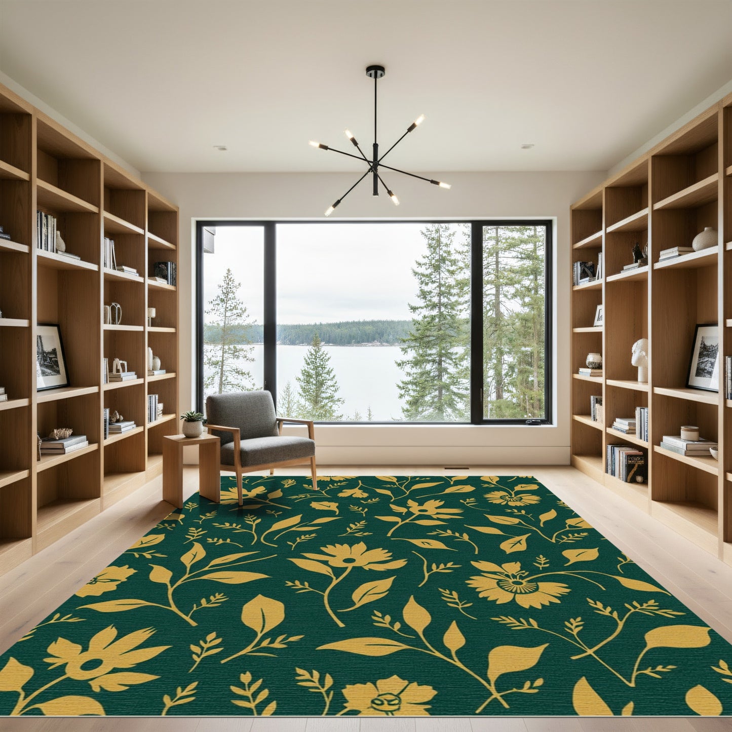 Golden Floral Vines on Deep Emerald Rug