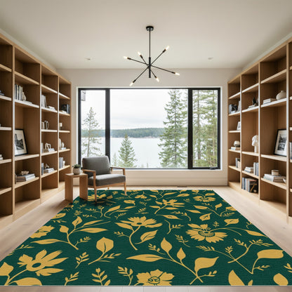Golden Floral Vines on Deep Emerald Rug