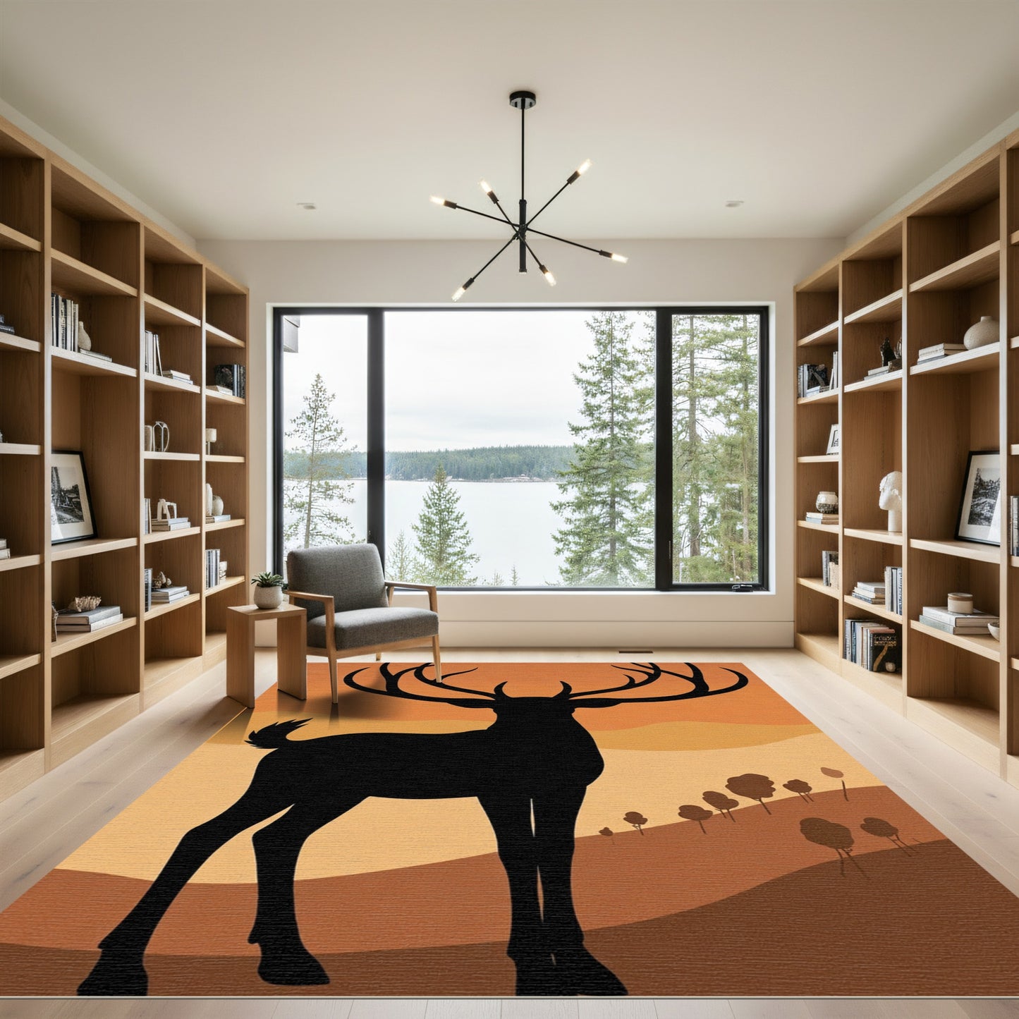 Majestic Black Stag Orange Silhouette Rug