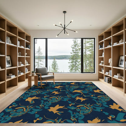 Navy Teal Gold Abstract Organic Flow Rug