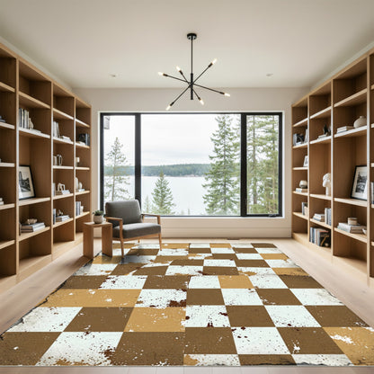 Brown White Splattered Checkered Squares Rug