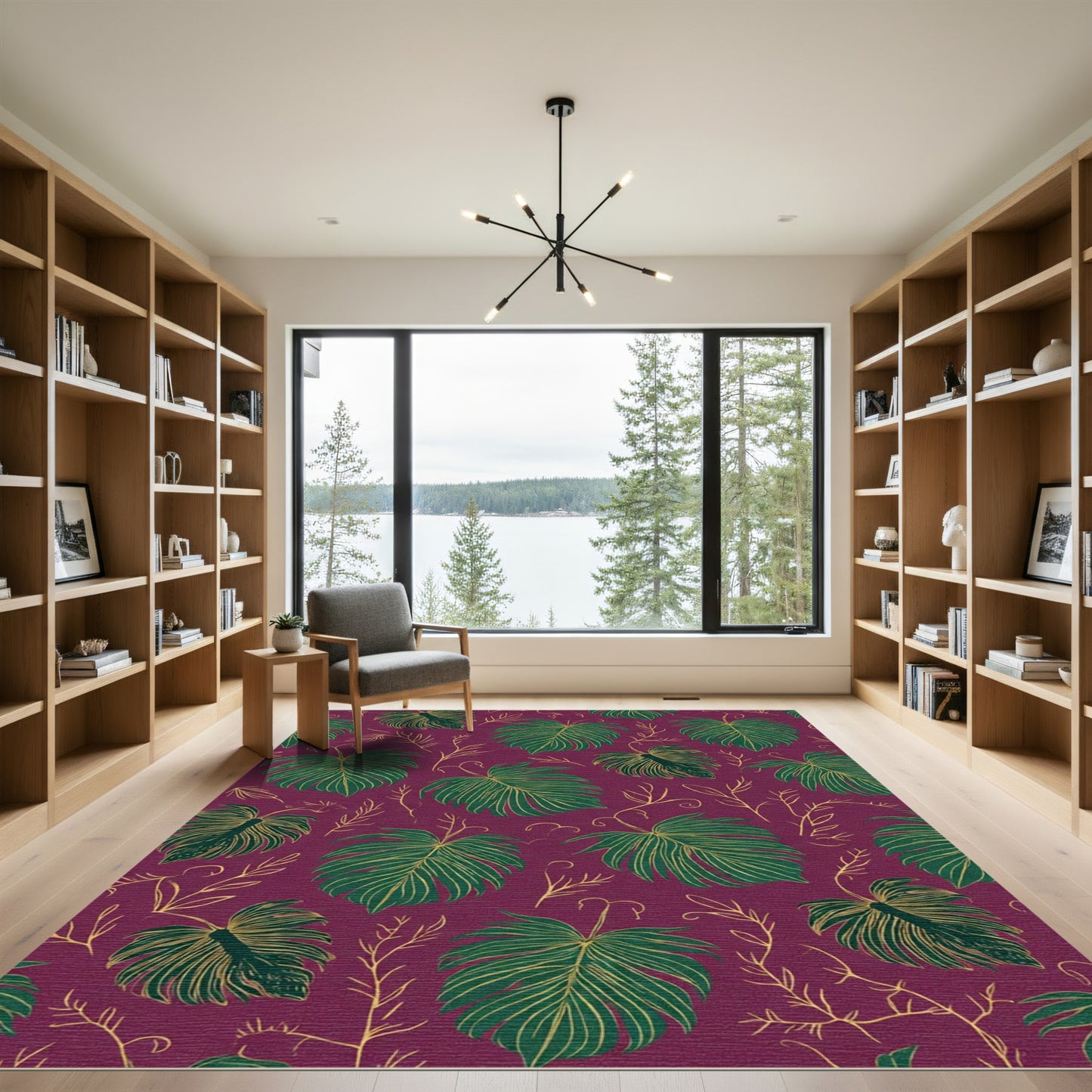 Deep Plum Monstera Leaf Pattern Rug