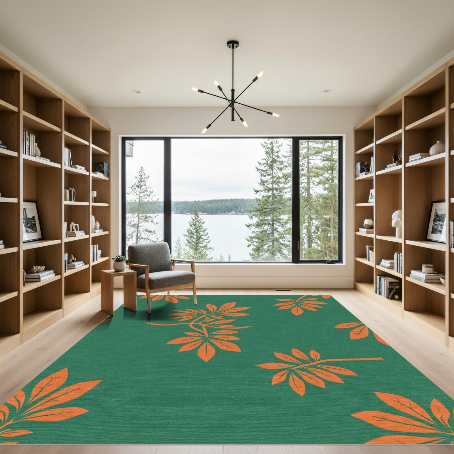 Vibrant Orange Leafy Branches on Green Rug