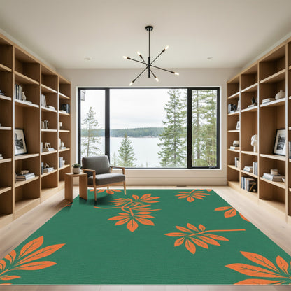 Vibrant Orange Leafy Branches on Green Rug