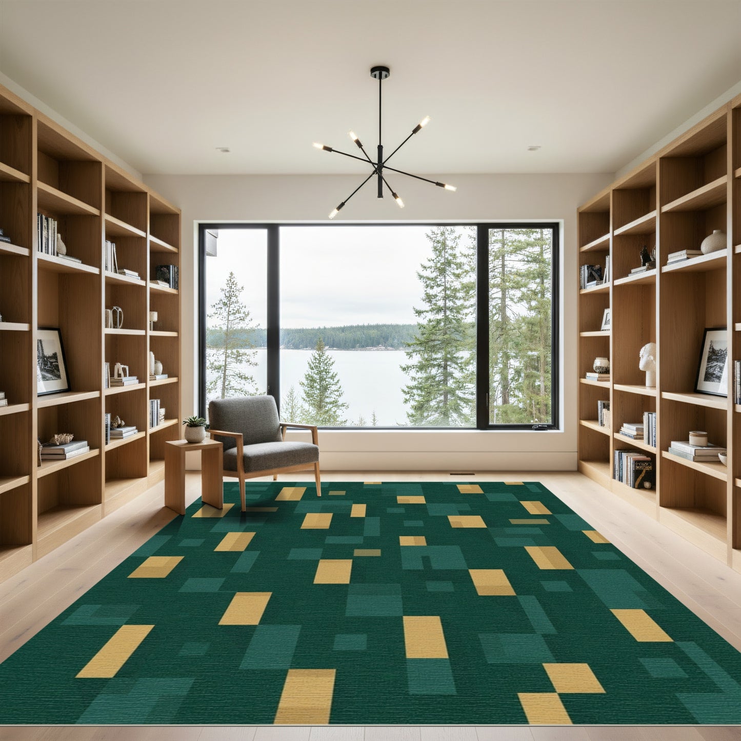 Deep Teal Gold Geometric Blocks Rug