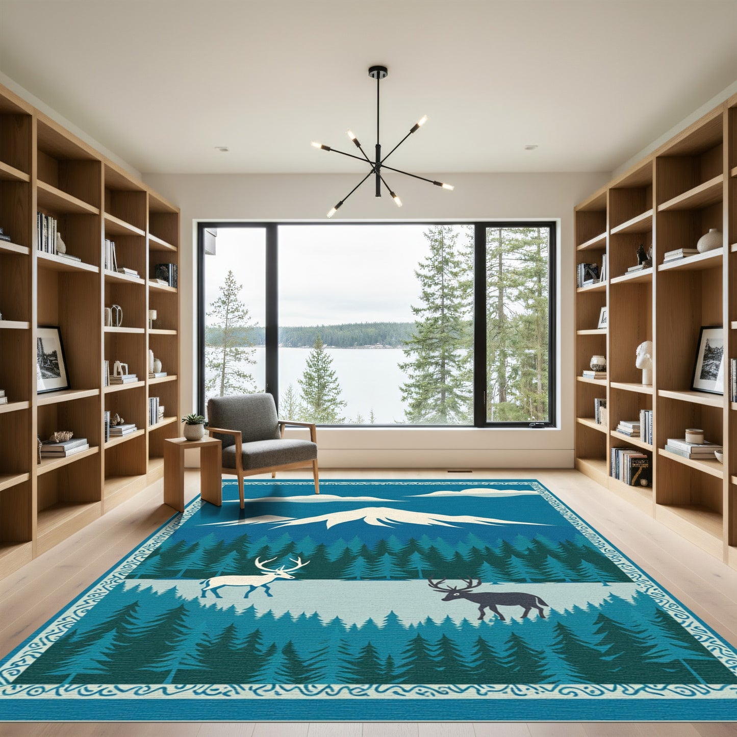 Winter Forest Deer Mountain Scene Rug